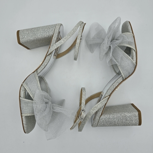 Badgley Mischka Tess Block Heel Sandals with Mesh Poof Bow, Silver Metallic, 6 - Picture 16 of 16